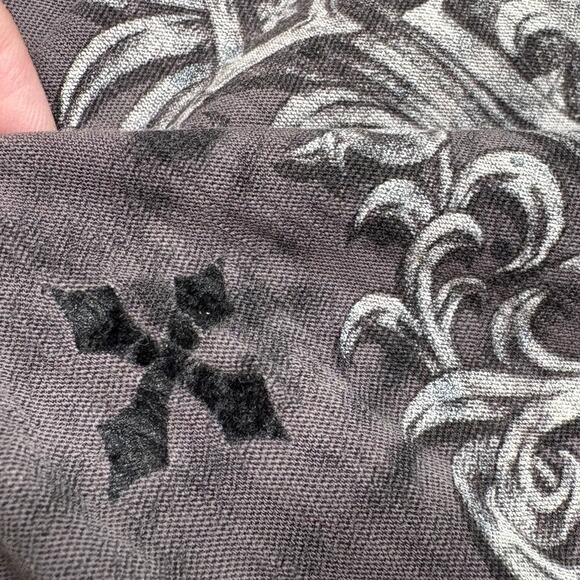 Affliction Y2K Size S Henley Shirt Tee Gothic Rock Cross Distressed Velvet Gray - Picture 11 of 12